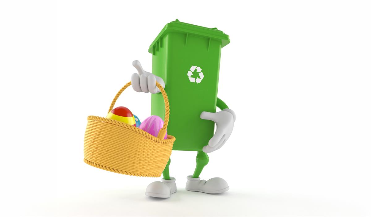 Illustrasjon av søppelbøtte med armer og bein som holder gul kurv med påskeegg - Klikk for stort bilete