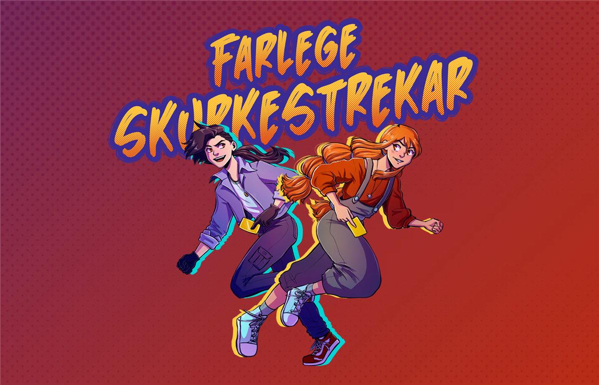 To tegneseriefigurer på rød bakgrunn med tittelen "Farlege skurkestrekar" - Klikk for stort bilete