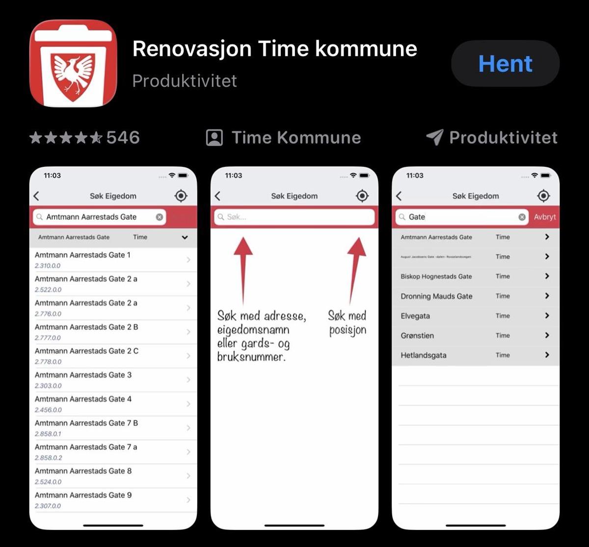 Skjermbilde av korleis renovasjonsappen ser ut i App Store - Klikk for stort bilete